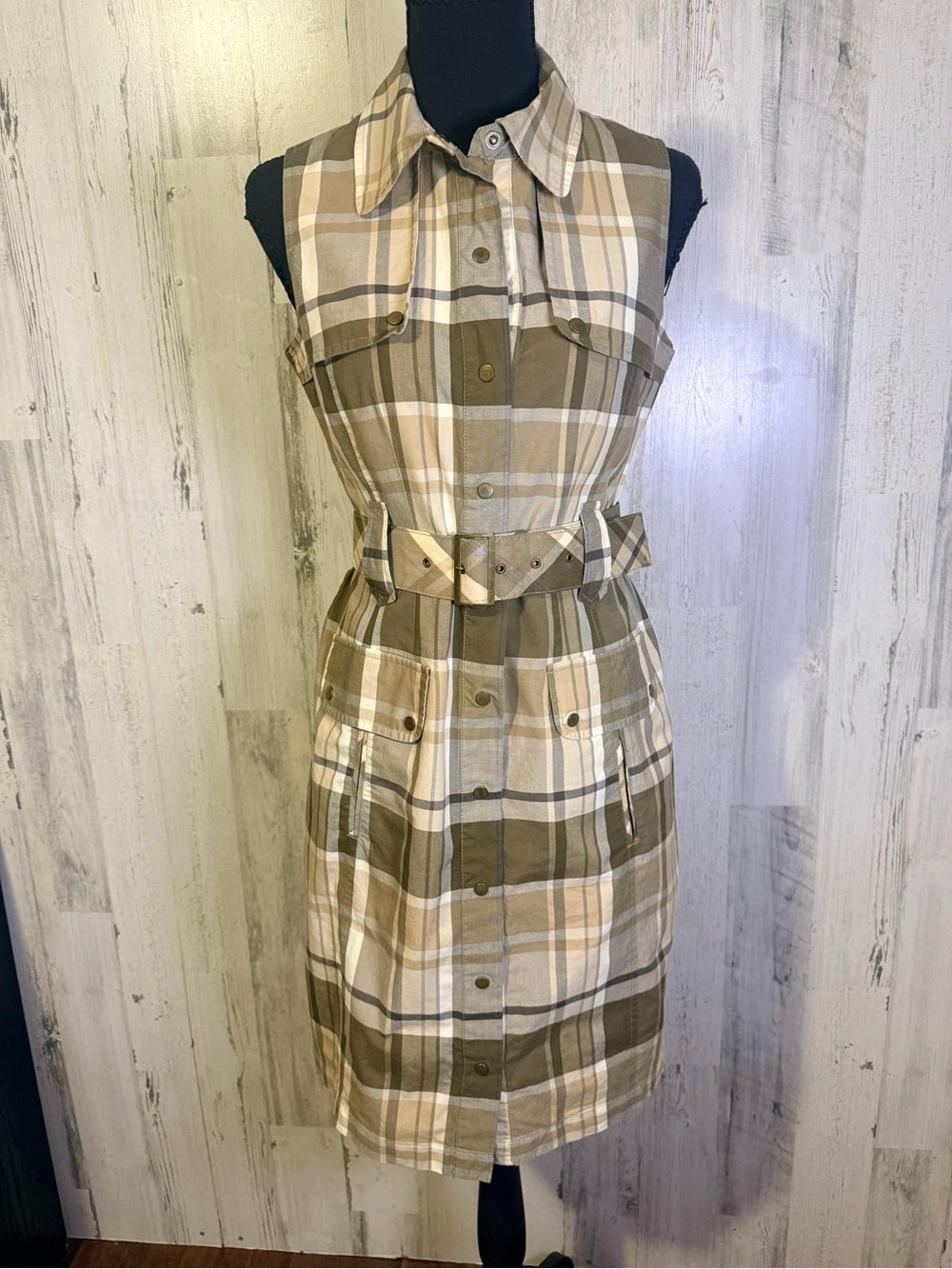 Vintage Talbots Petites Plaid Belted Midi Shirt Dress Size 4 Olive Green Tan